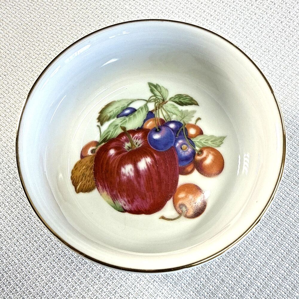 Vtg. John Wagner & Sons Ramekin Custard Bowl Berry Apple Fruit Gold Trim Japan